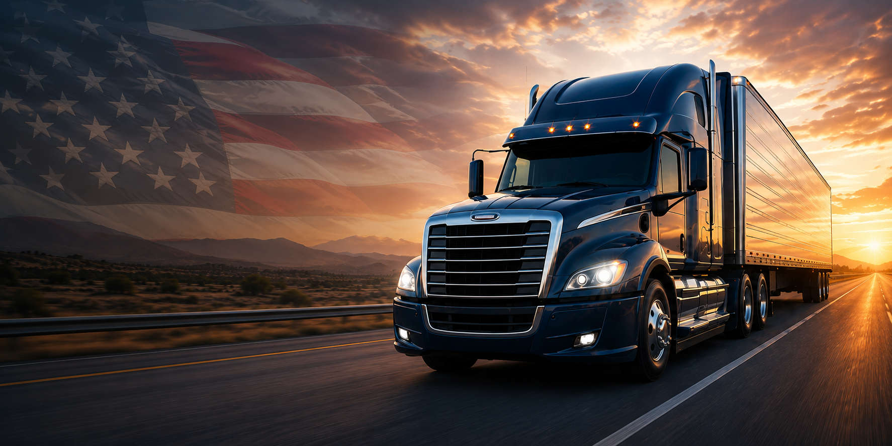 Truck on highway with U.S. flag