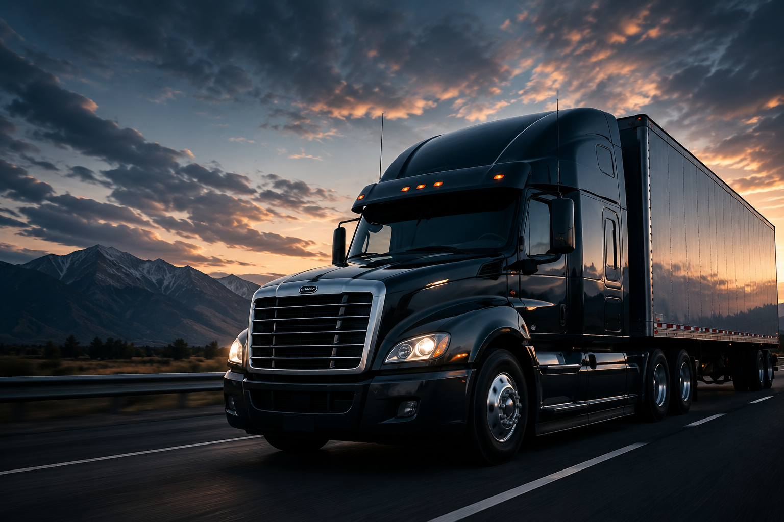 Black truck on mountain highway at sunset