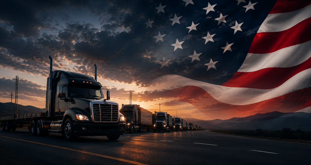 Truck convoy at sunset